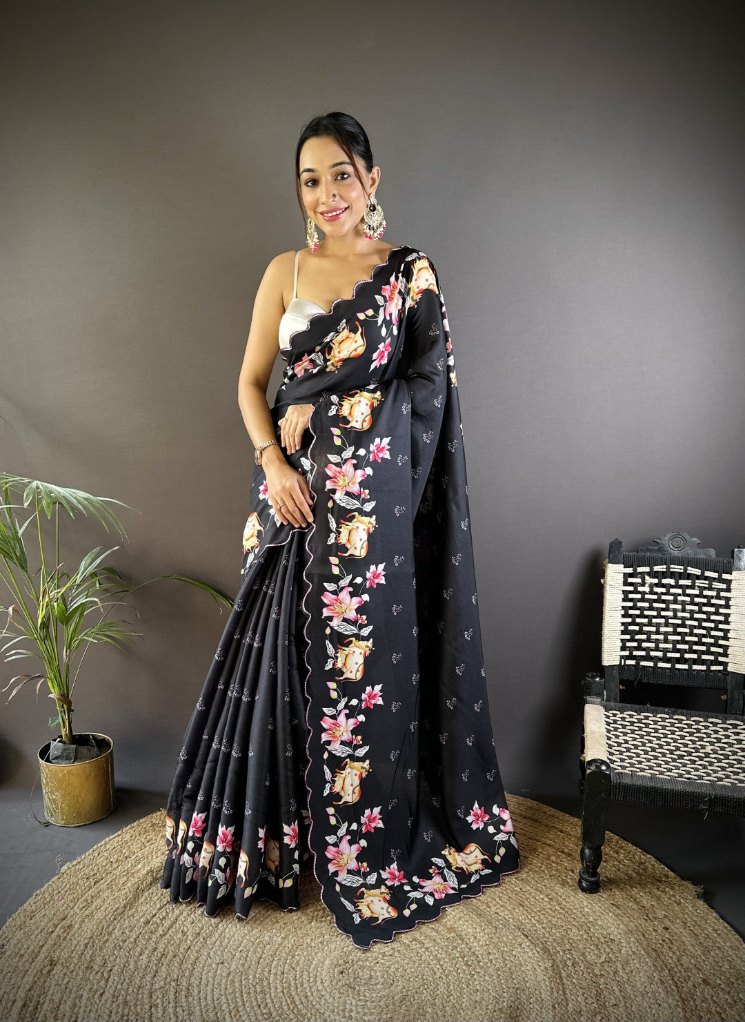 Black Gadhwal Silk Saree With Pichwai Print And Embroidery Cut Work