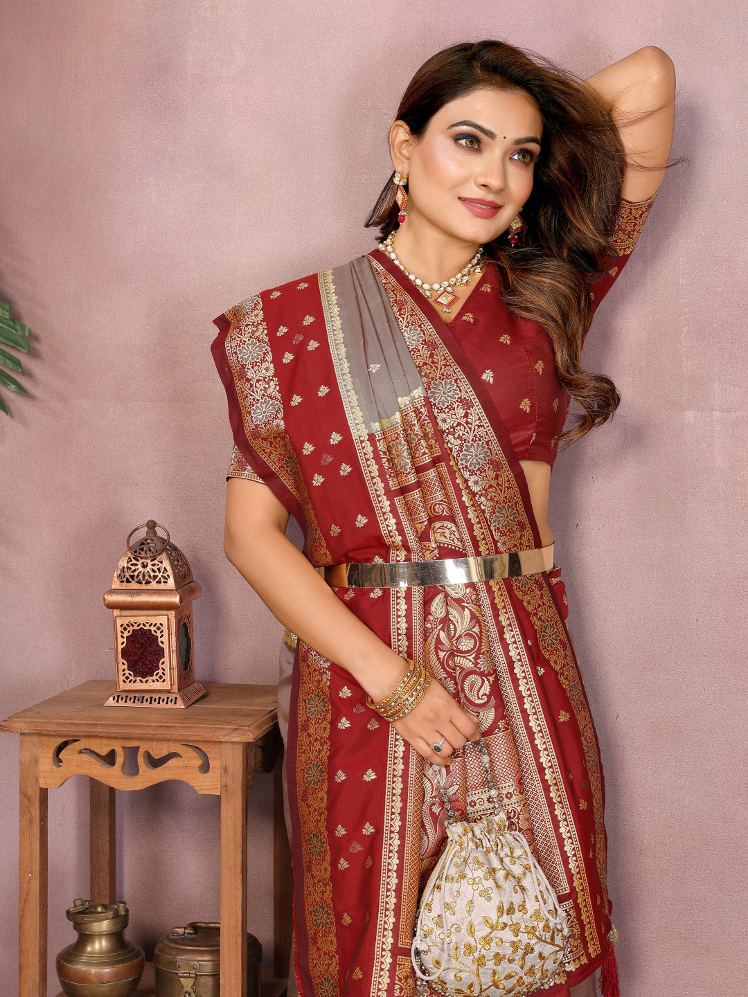 Gray Traditional Banarasi Silk Saree With Zari Weaving Work