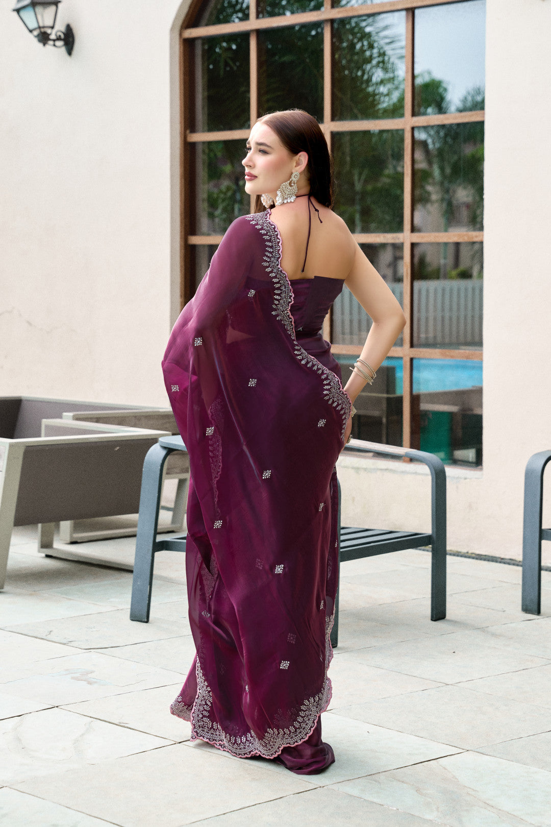 Wine Fancy Shimmer Chiffon Saree With Embroidery Work