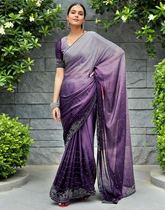 Wine Rangoli Silk Saree With Beautiful Siroski Work