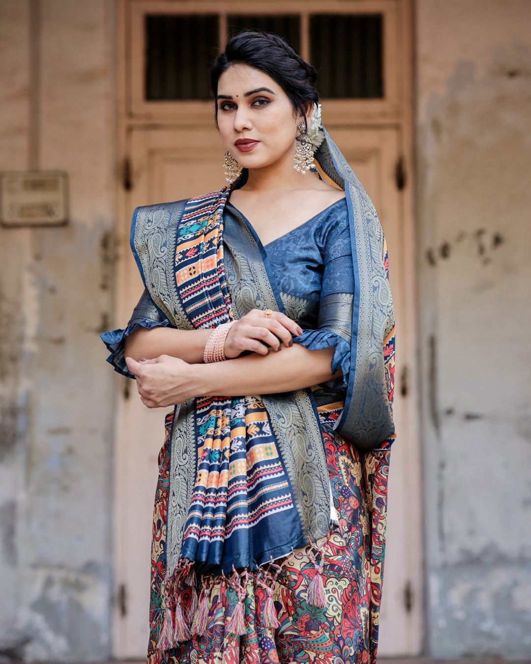 Multi Digital Kalamkari Printed Tussar Silk Saree With Zari Motif Border
