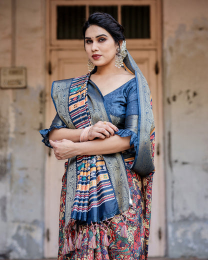 Multi Digital Kalamkari Printed Tussar Silk Saree With Zari Motif Border