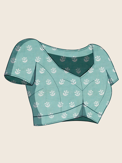 Sea Green Linen Cotton Saree With Digital Printed Work And Silver Zari Border