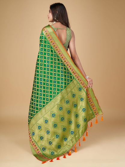Green Color Patola Silk Saree With Zari Weaving Work