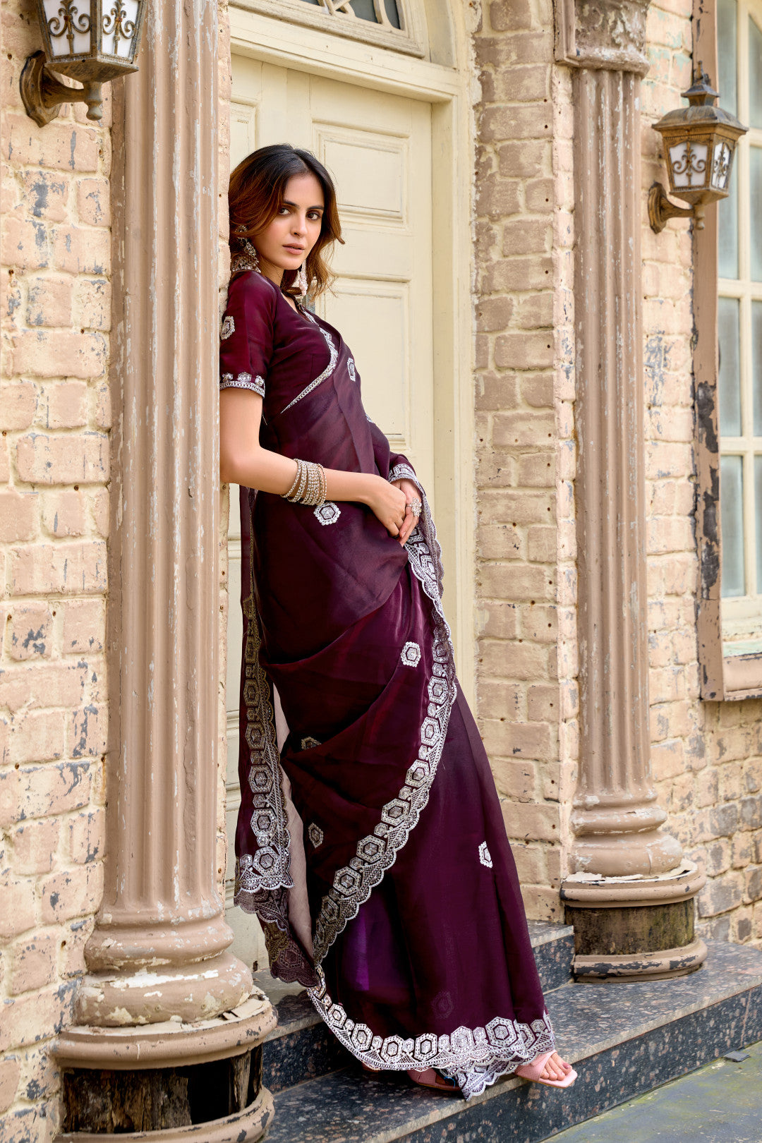 Wine Fancy Shimmer Chiffon Saree With Embroidery Work