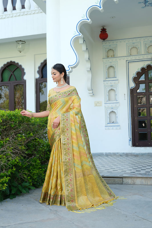 Yellow Color Soft Organza Silk Saree With Zari Weaving Work