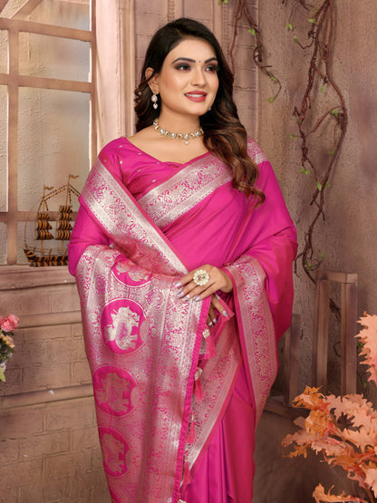 Premium Summer Special Pink Banarasi Silk Saree With Gala Weaving Exclusive Work