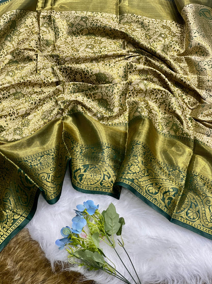 Premium Kanchipuram Banarasi Tissue Silk Green Saree Wirh Zari Weaving Work