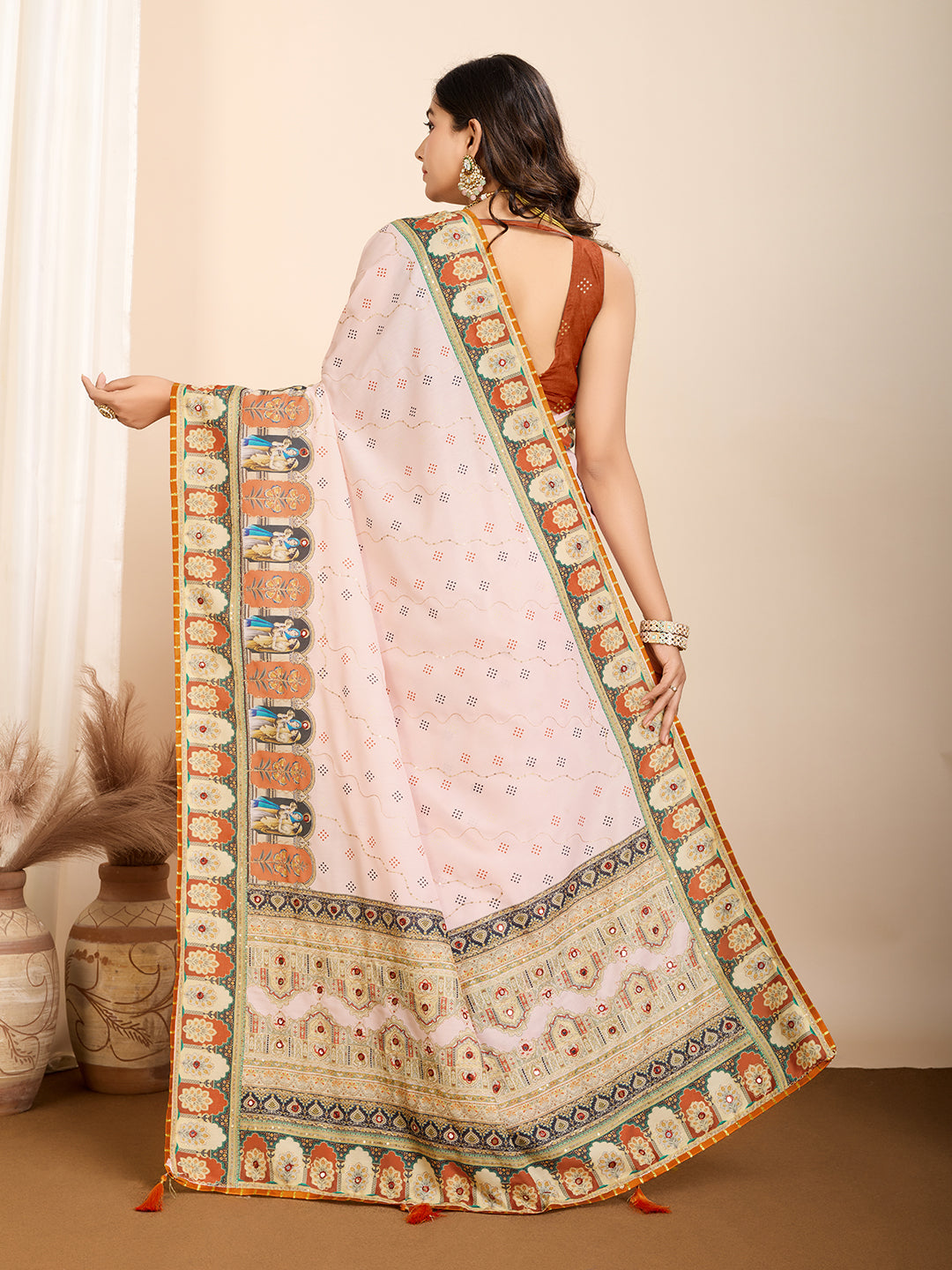 Peach Fancy Muslin Cotton Saree With Digital Printed Work