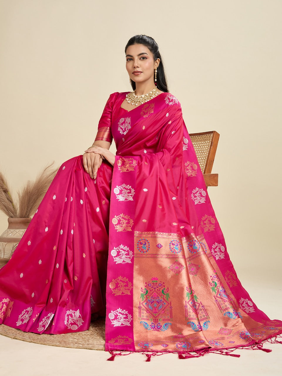 Pink Kanjivaram Silk Saree With Zari Weaving Butta Border & Designer Rich Paithani Pallu