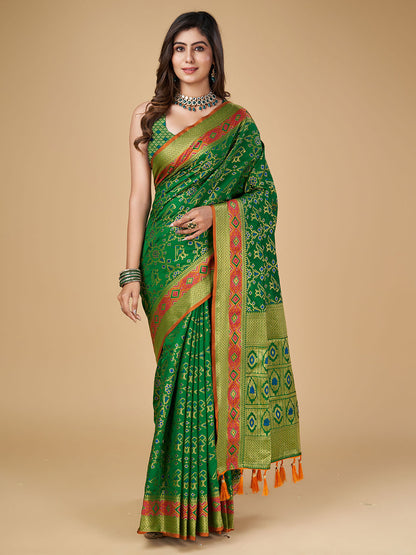 Green Color Patola Silk Saree With Zari Weaving Work