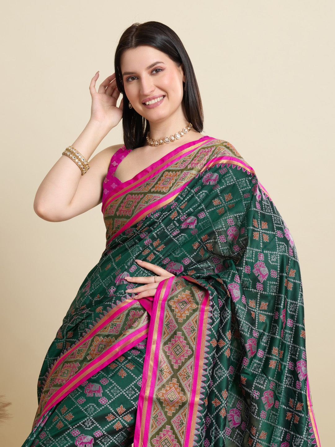 Dark Green Traditional Patola Silk Saree With Weaving Work