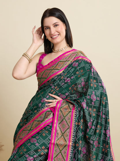 Dark Green Traditional Patola Silk Saree With Weaving Work