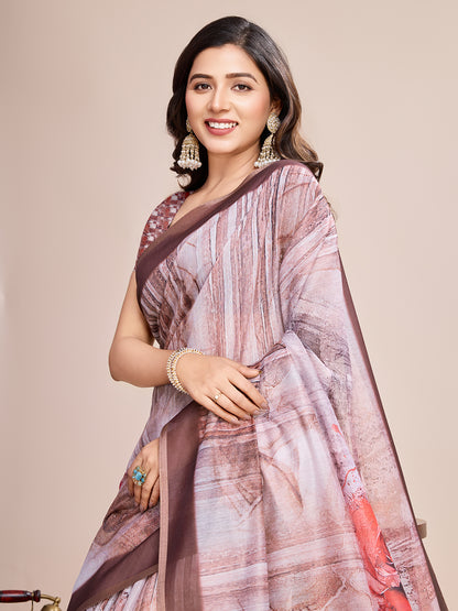 Brown Soft Linen Cotton Saree With Floral Printed Work