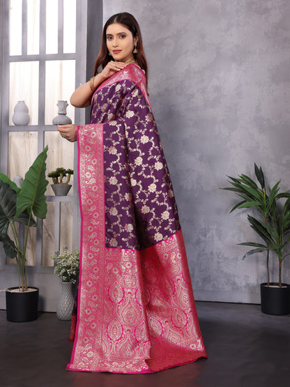 Purple Premium Banarasi Silk Saree With Zari Weaving Work