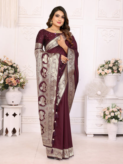 Premium Summer Special Maroon Banarasi Silk Saree With Gala Weaving Exclusive Work