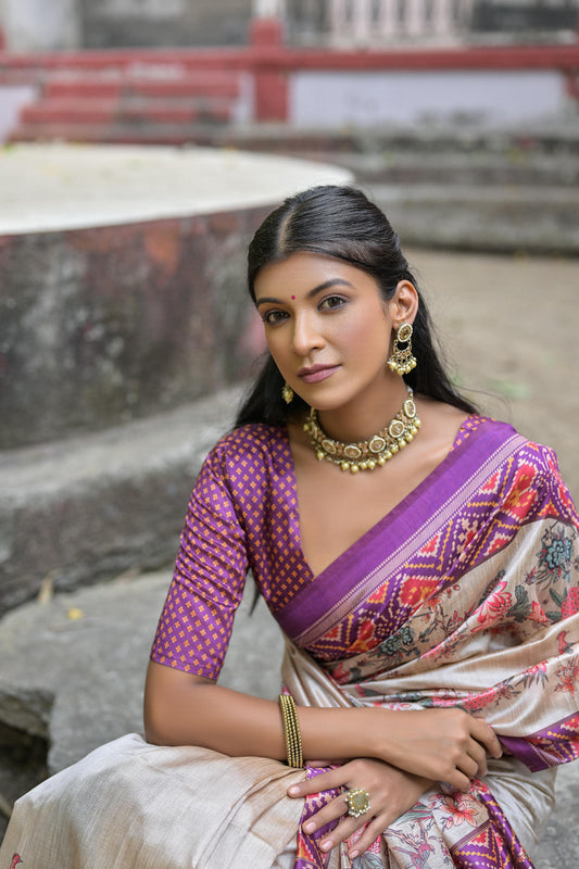 Wine Color Soft Tussar Silk Saree With Patola Printed Work