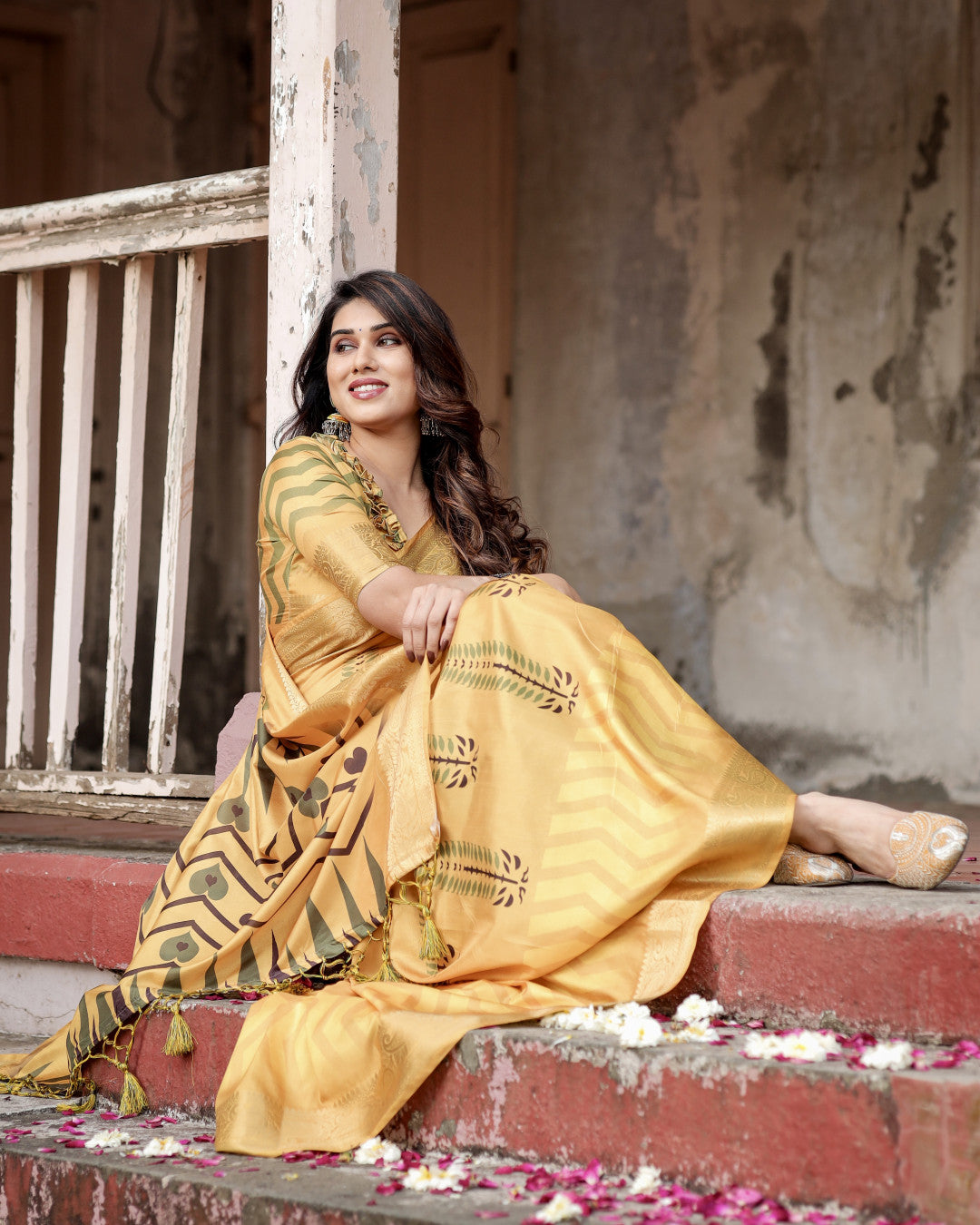 Yellow Kalamkari Digital Printed Dola Silk Saree With Gold Zari Border