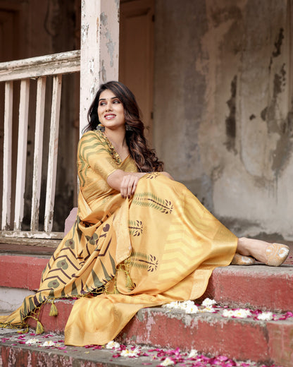 Yellow Kalamkari Digital Printed Dola Silk Saree With Gold Zari Border