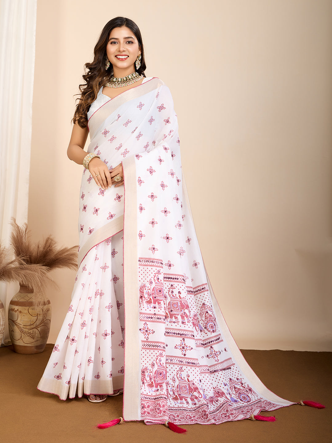 White Soft Cotton Saree With Printed Work