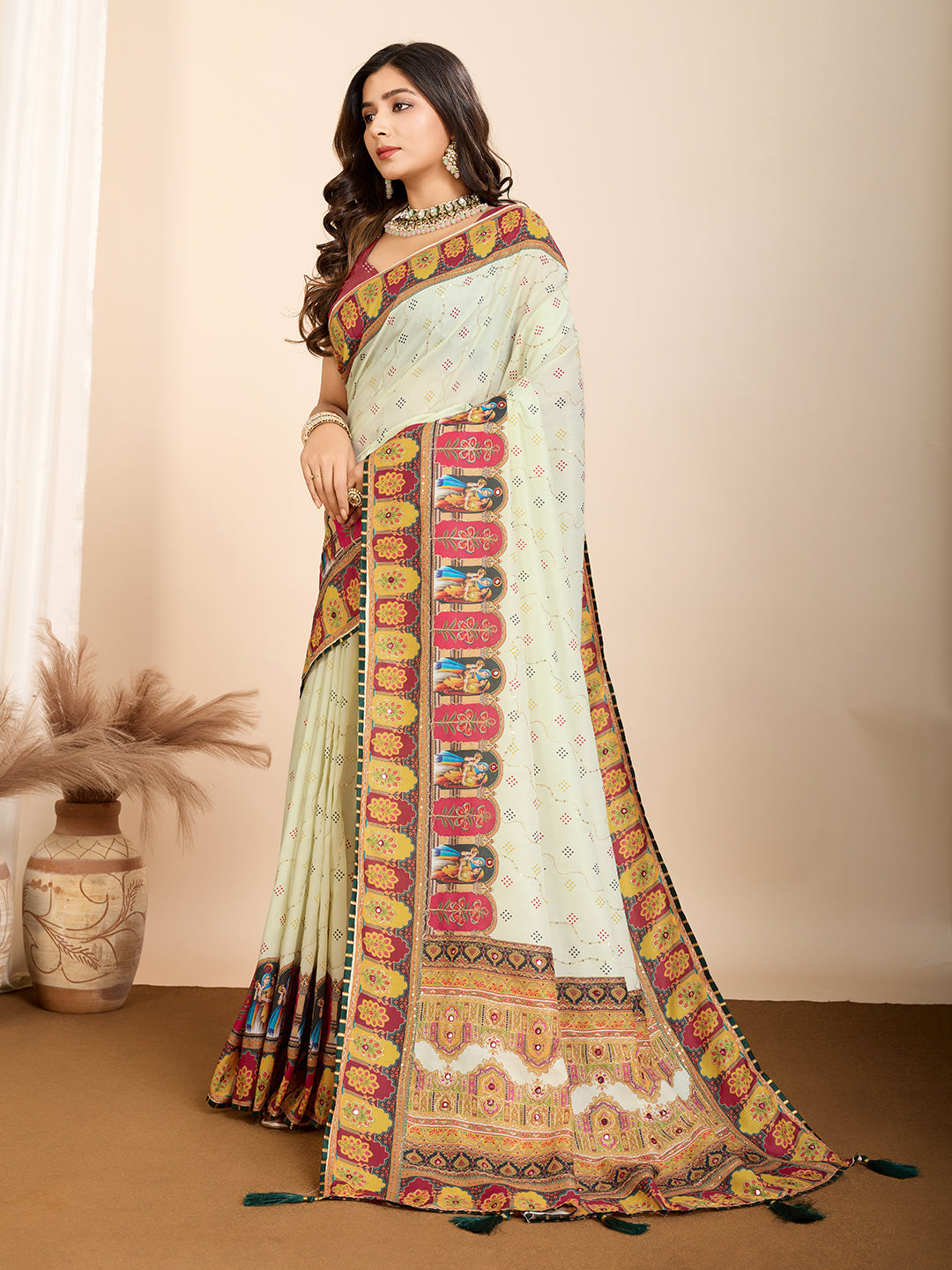 Pista Green Fancy Muslin Cotton Saree With Digital Printed Work