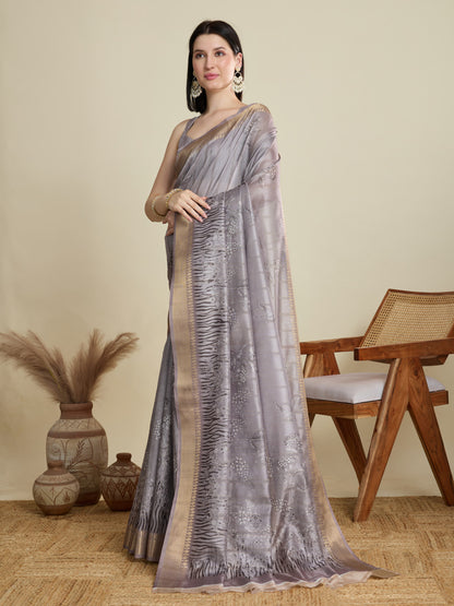 Gray Soft Cotton Saree With Digital Printed Pallu & Zari Border
