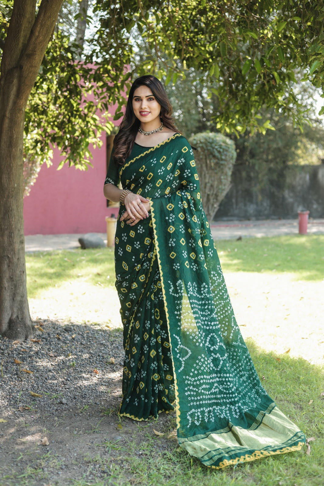 Green Color Bandhej Silk Saree With Printed Work