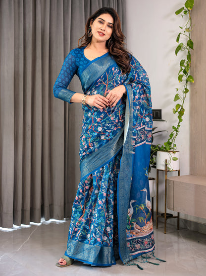 Blue Kalamkari Digital Printed Linen Cotton Saree