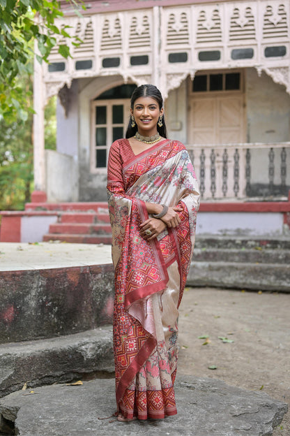 Brown Color Soft Tussar Silk Saree With Patola Printed Work