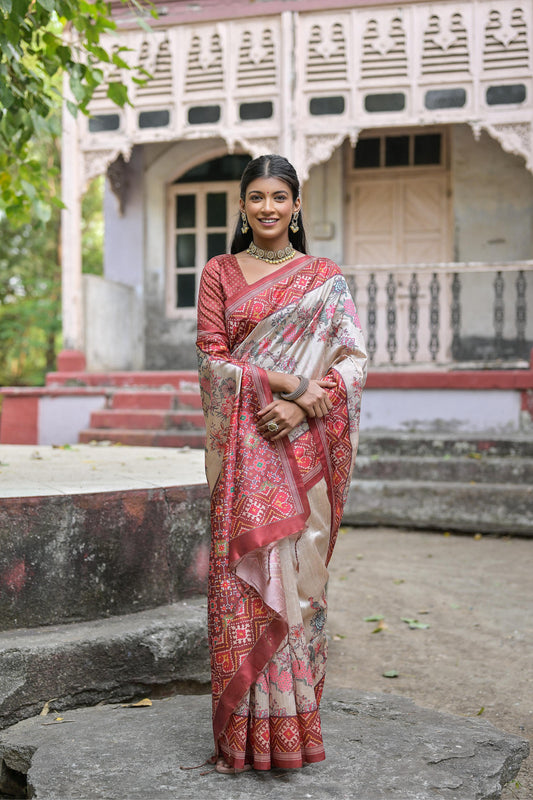 Brown Color Soft Tussar Silk Saree With Patola Printed Work
