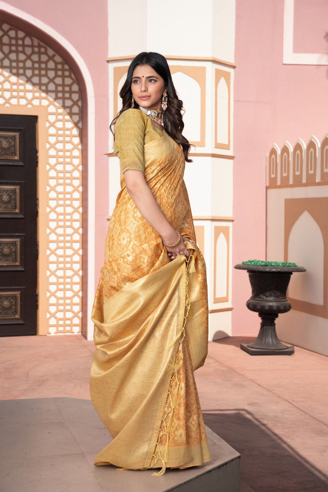 Yellow Cotton Ikkat Silk Saree With Zari Woven Work