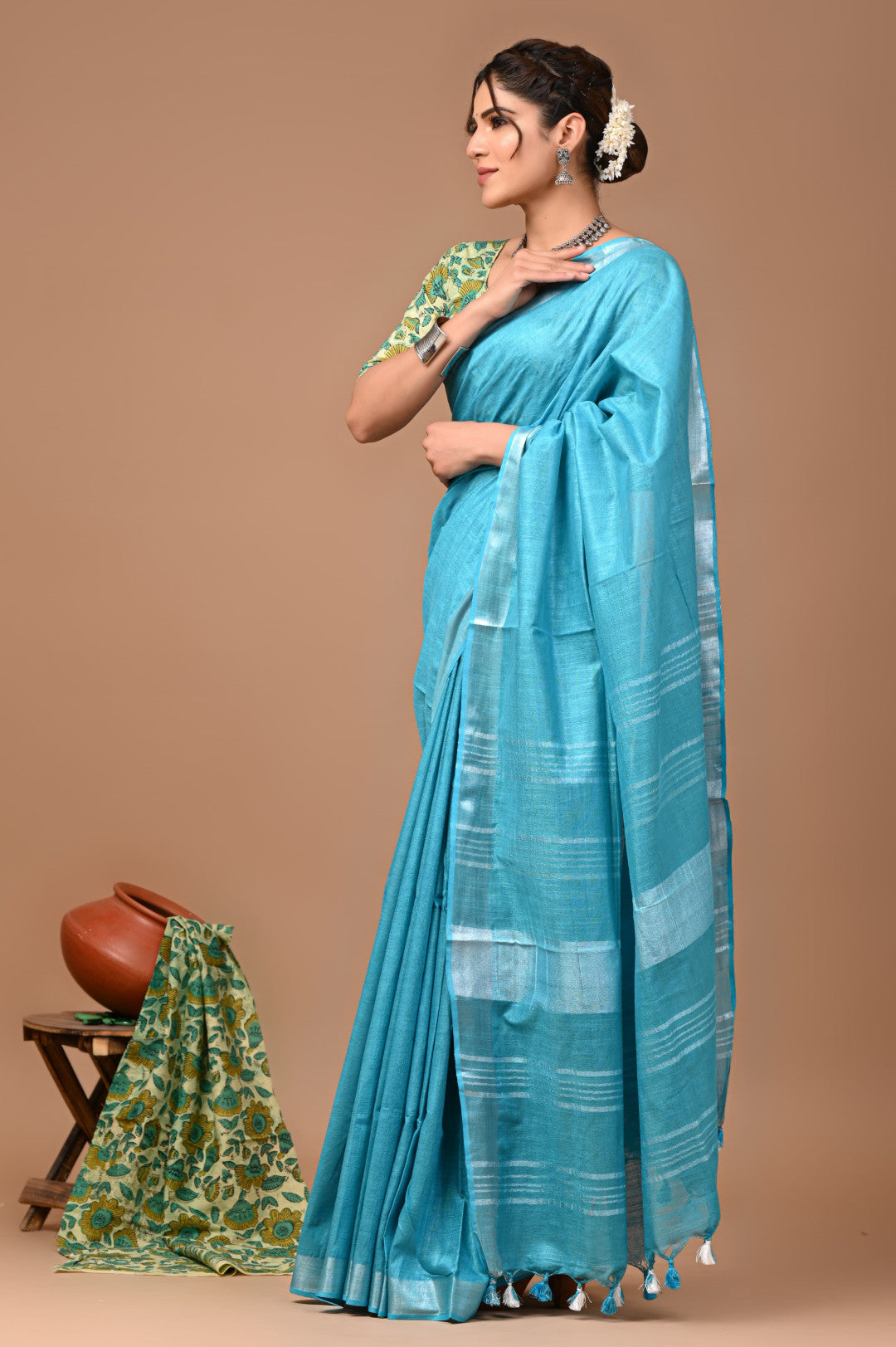 Sky Blue Colour Pure Plain Linen Cotton Saree With Ajrakh Blockprinted Cotton Blouse