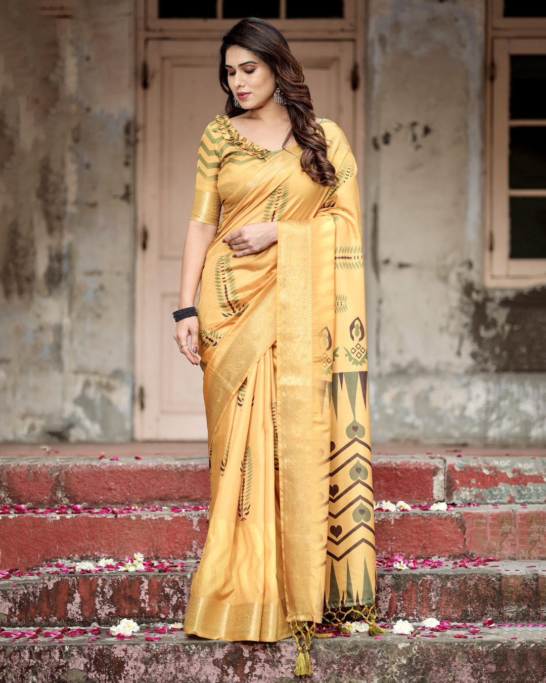 Yellow Kalamkari Digital Printed Dola Silk Saree With Gold Zari Border