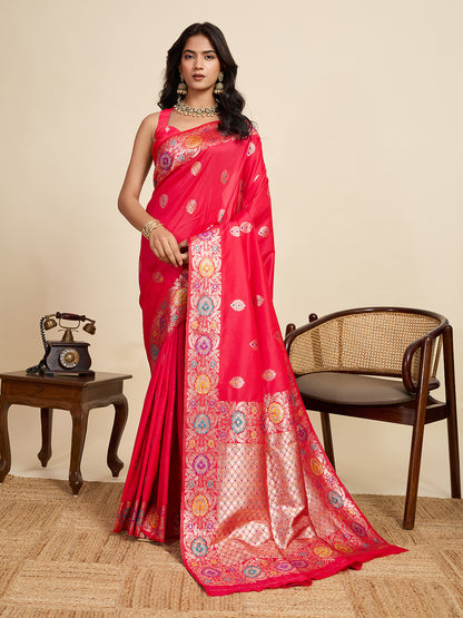 Traditional Red Color Jacquard Silk Saree With Zari Work