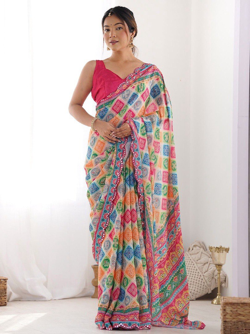 Multi Color Georgette Saree With Printed And Mirror Work With Arco Border
