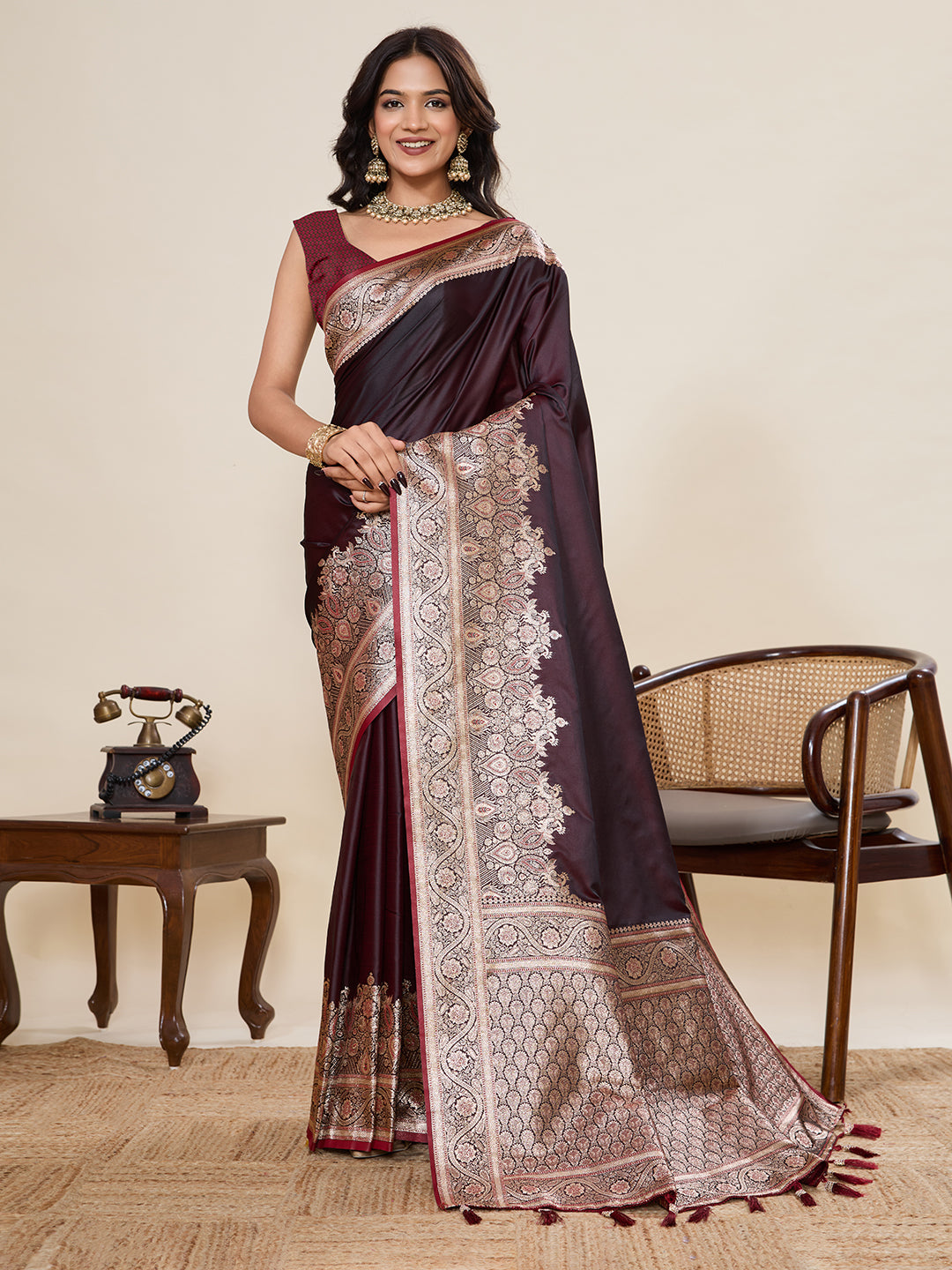 Magenta Soft Satin Silk Saree With Gala Border And Zari Weaving Work