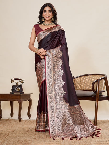 Magenta Soft Satin Silk Saree With Gala Border And Zari Weaving Work