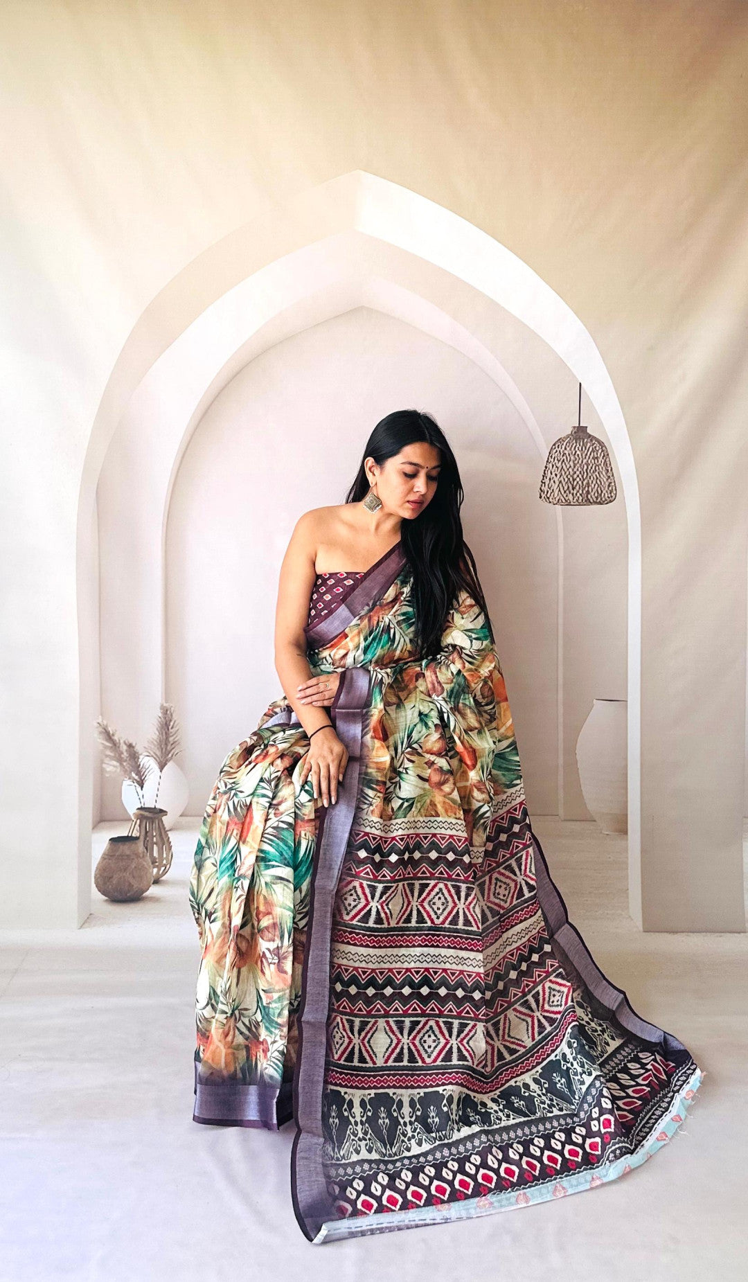 Multi Digital Printed Flowy Linen Cotton Saree