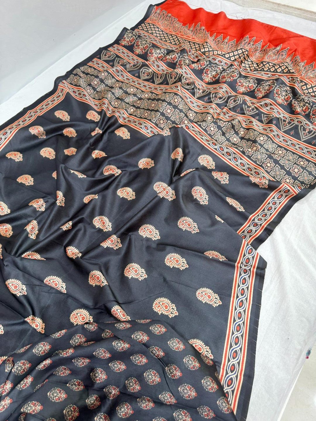 Black Ajrakh Print Tussar Silk Saree