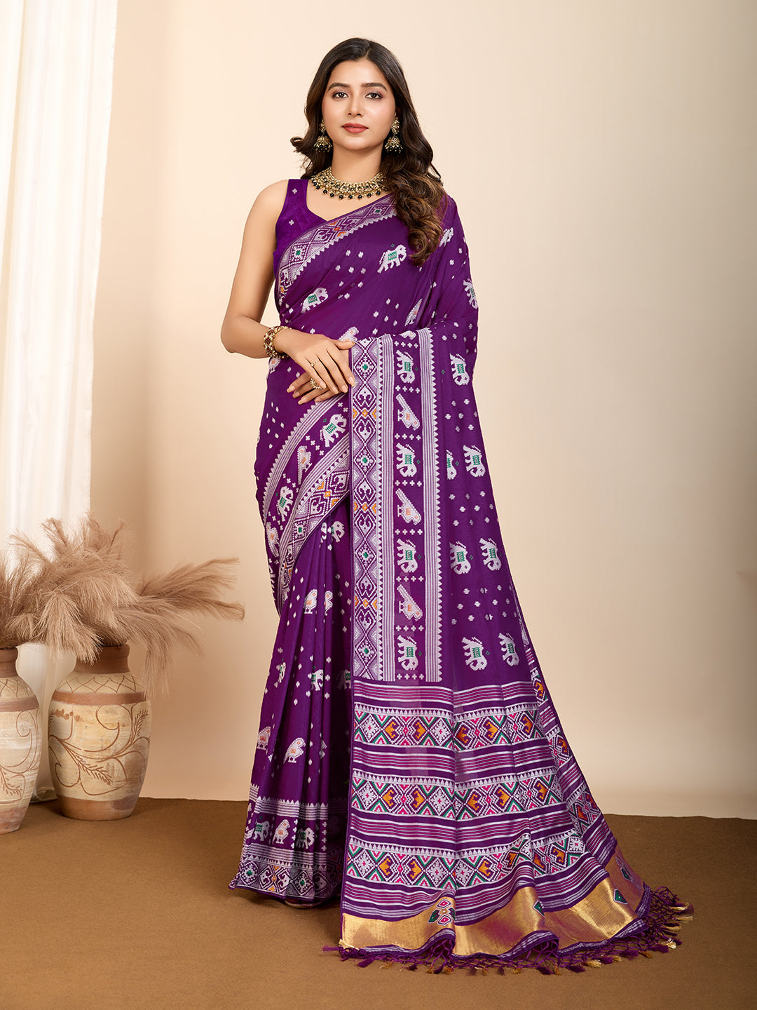 Traditional Muslin Dola Silk Saree With Meenakari Zari Weaving Work
