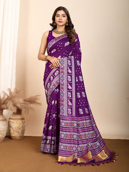 Traditional Muslin Dola Silk Saree With Meenakari Zari Weaving Work