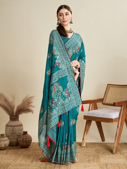 Rama Green Cotton Saree With Table Printed And Foil Work With Pipeing Border