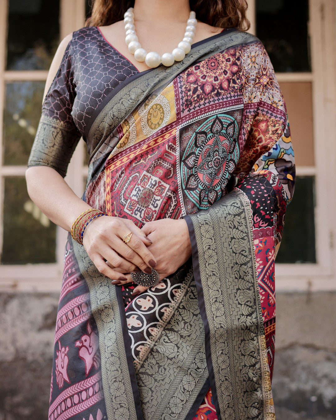 Multi Digital Kalamkari Printed Tussar Silk Saree With Zari Motif Border