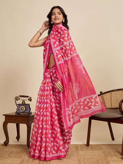 Pink Linen Cotton Saree With Digital Printed Work And Silver Zari Border