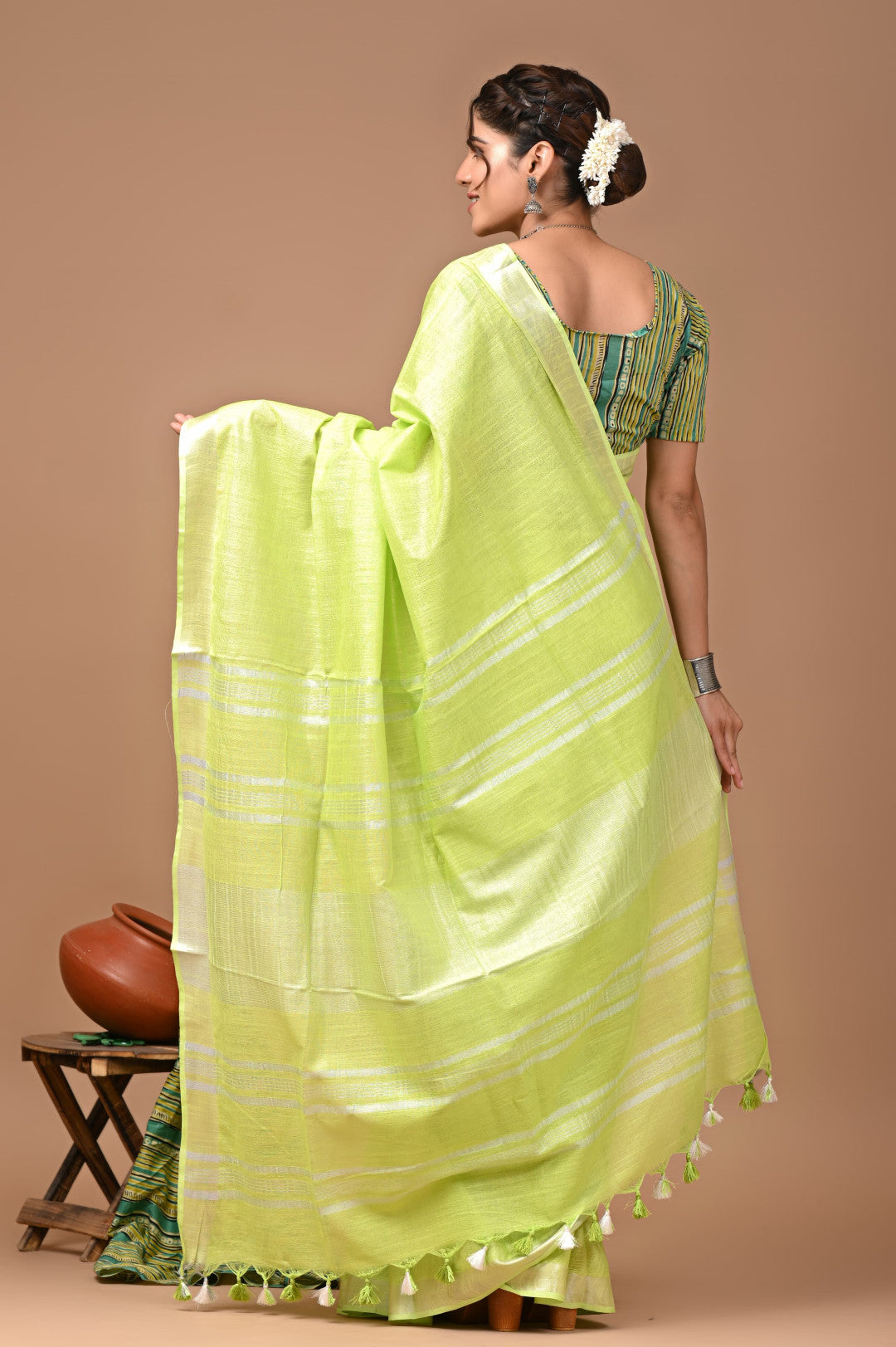 Parrot Green Colour Pure Plain Linen Cotton Saree With Ajrakh Blockprinted Cotton Blouse