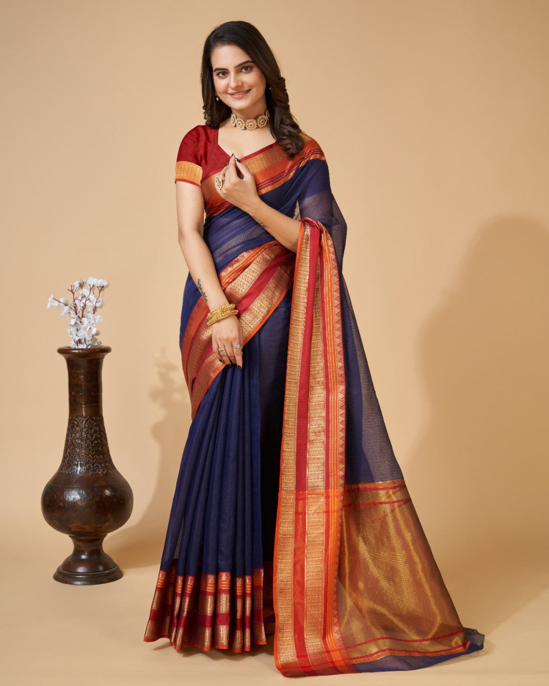 Navy Blue Color Kota Doriya Saree With Zari Weaving Work