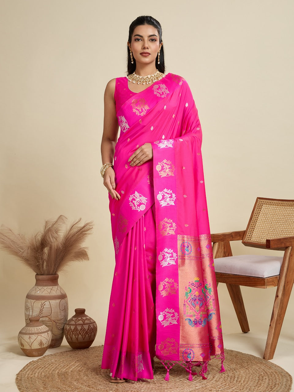 Rani Pink Kanjivaram Silk Saree With Zari Weaving Butta Border & Designer Rich Paithani Pallu