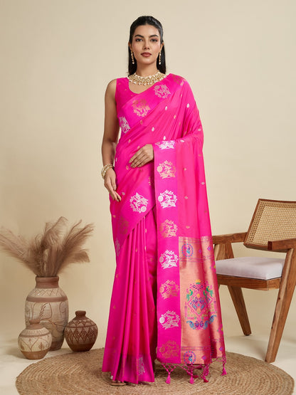 Rani Pink Kanjivaram Silk Saree With Zari Weaving Butta Border & Designer Rich Paithani Pallu