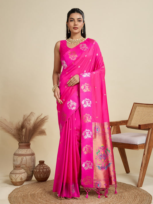 Rani Pink Kanjivaram Silk Saree With Zari Weaving Butta Border & Designer Rich Paithani Pallu