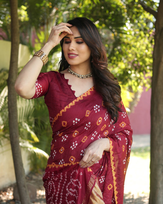 Red Color Bandhej Silk Saree With Printed Work